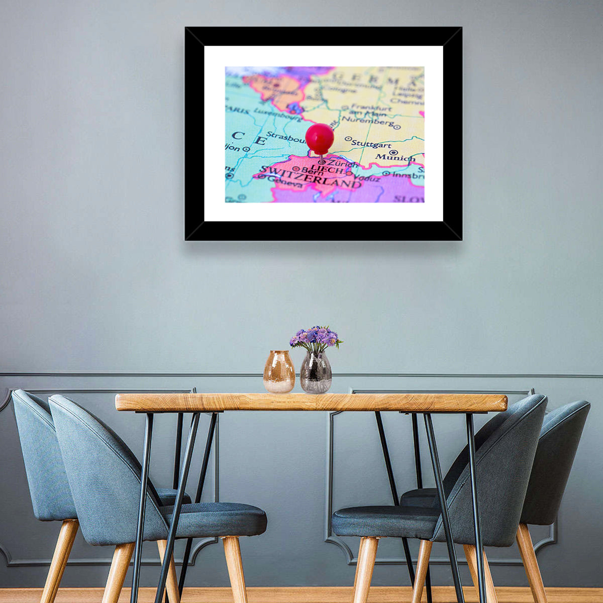 Zurich Map with Red Pin Wall Art in a room, landscape