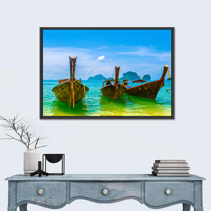 Three Long-tail Boats on Turquoise Water Wall Art