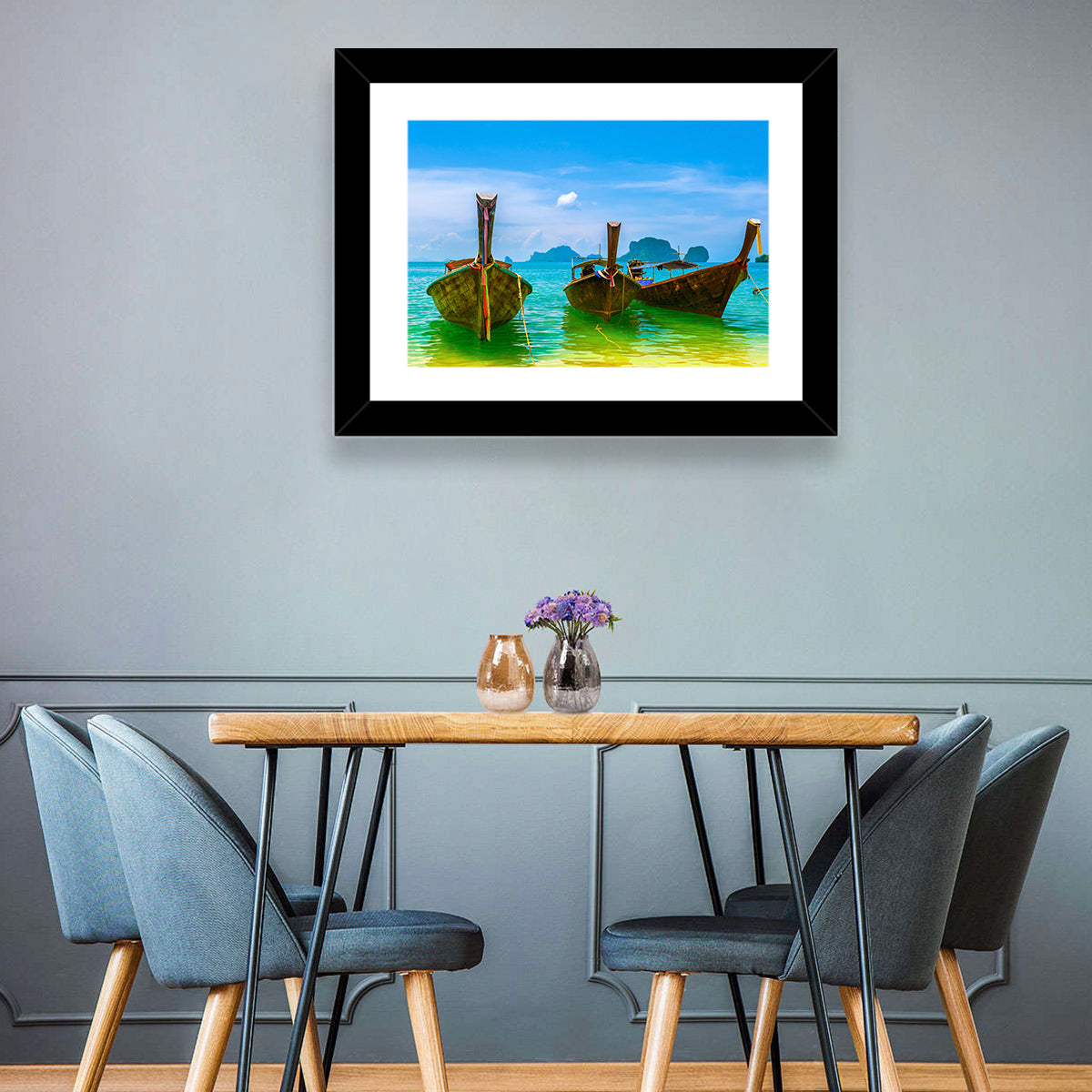 Three Long-tail Boats on Turquoise Water Wall Art