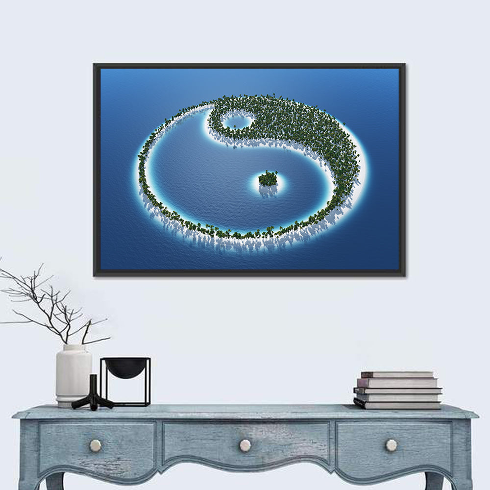 Yin Yang Tropical Island Aerial Wall Art in a room, landscape