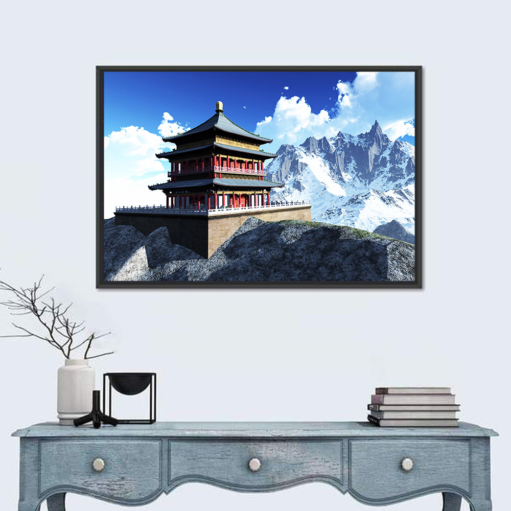 Sunlit Pagoda and Snow Peaks Wall Art in a room, landscape