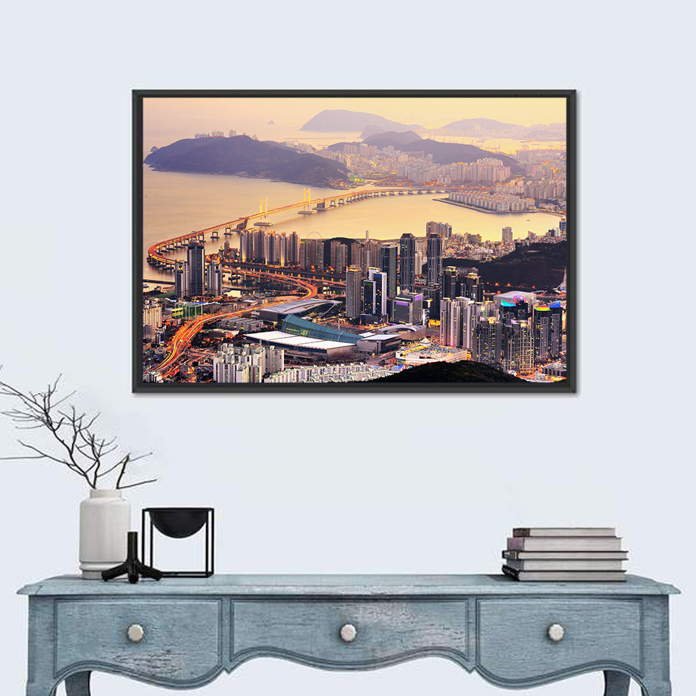 Busan Dusk Aerial Skyline with Gwangan Bridge Wall Art in a room, landscape