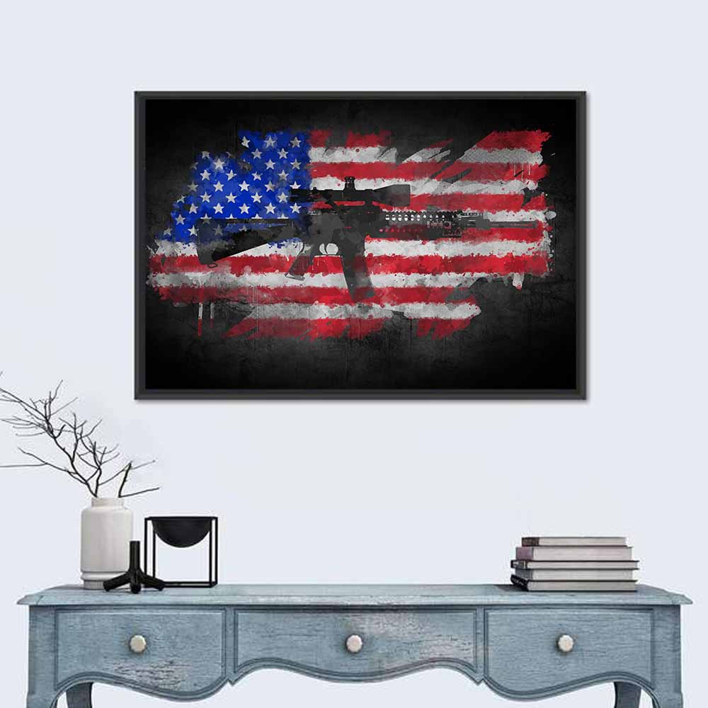 M16 Over Distressed American Flag Wall Art