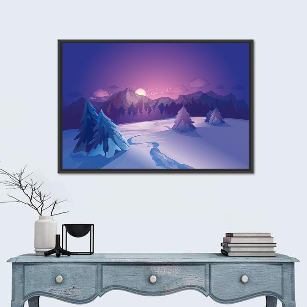 Lavender Winter Mountain Illustration Wall Art in a room, landscape