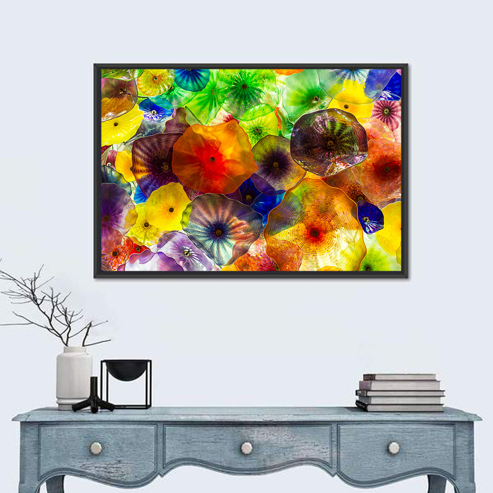 Kaleidoscopic Glass Bloom Abstract Wall Art in a room, landscape