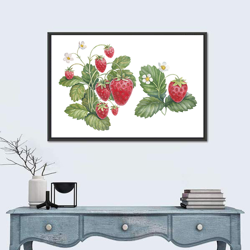 Fresh Strawberry Botanical Illustration Wall Art in a room, landscape