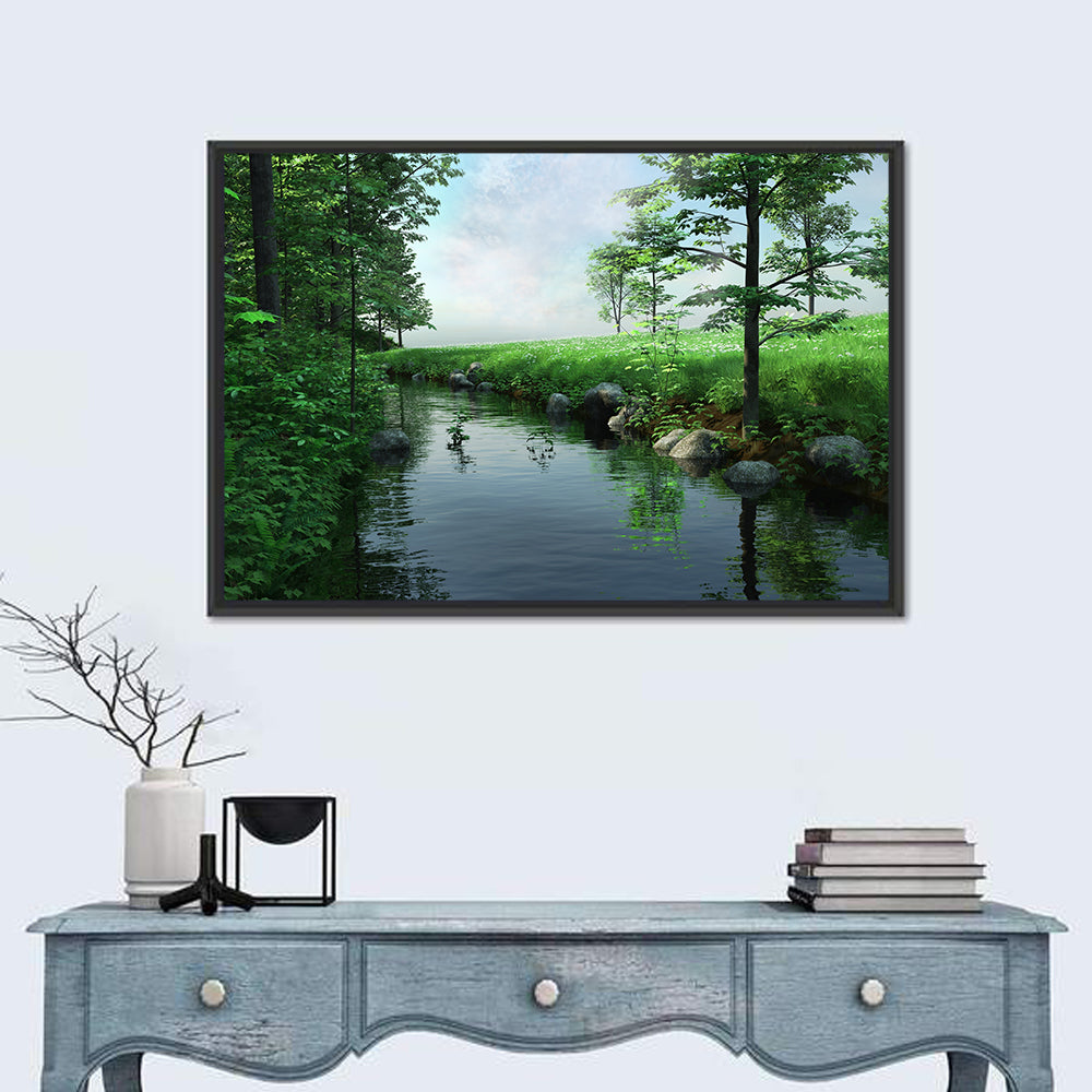 Tranquil Meadow Stream with Wildflowers Wall Art in a room, landscape