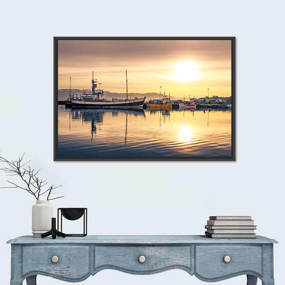 Husavik Harbor at Golden Hour Wall Art in a room, landscape