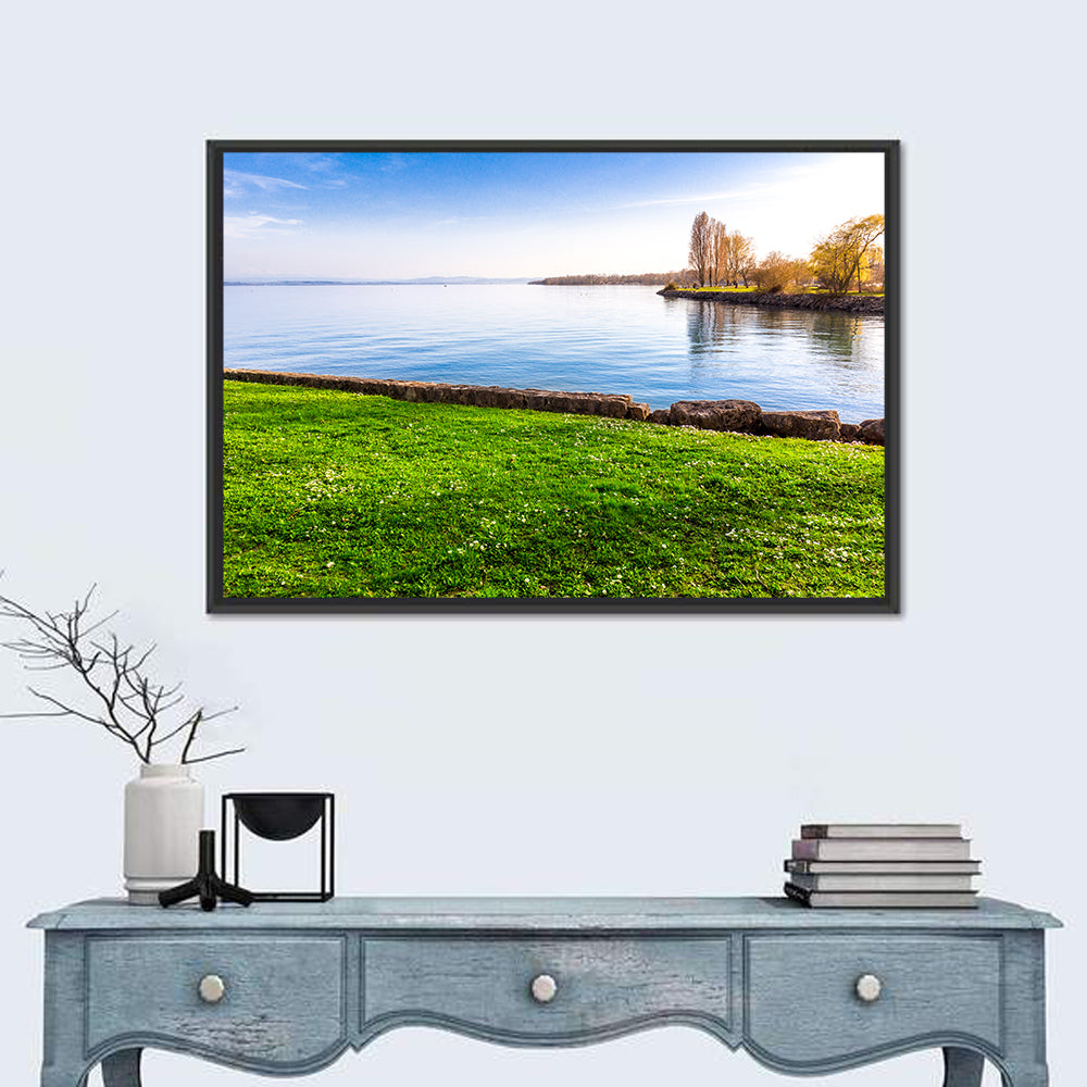 Lake Neuchatel Meadow Wall Art in a room, landscape