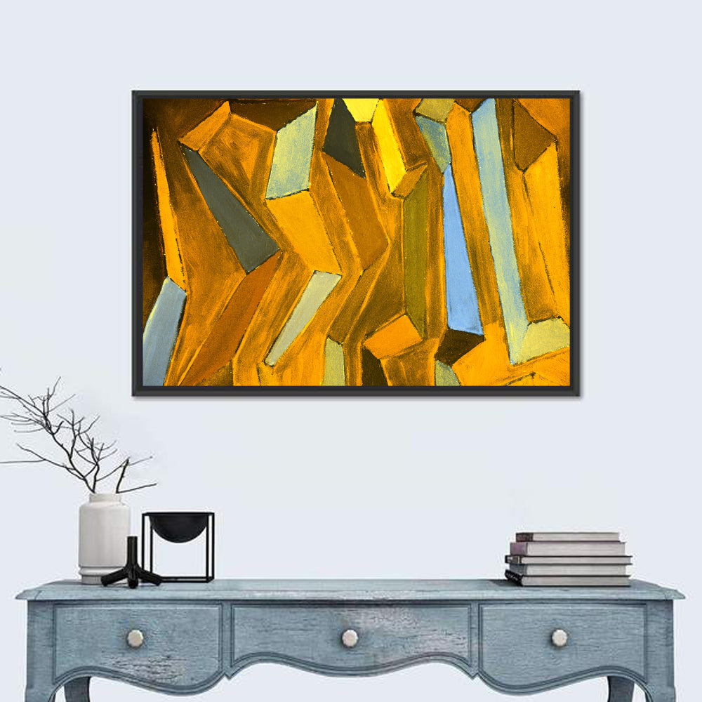 Golden Blocks Abstract Wall Art in a room, landscape