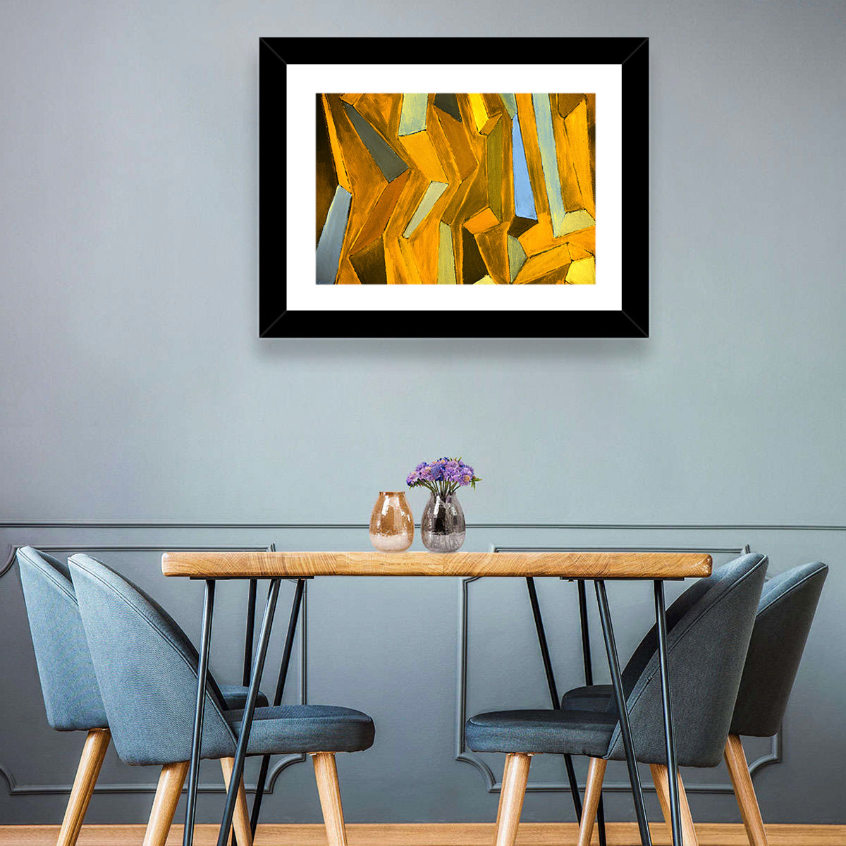 Golden Blocks Abstract Wall Art in a room, landscape
