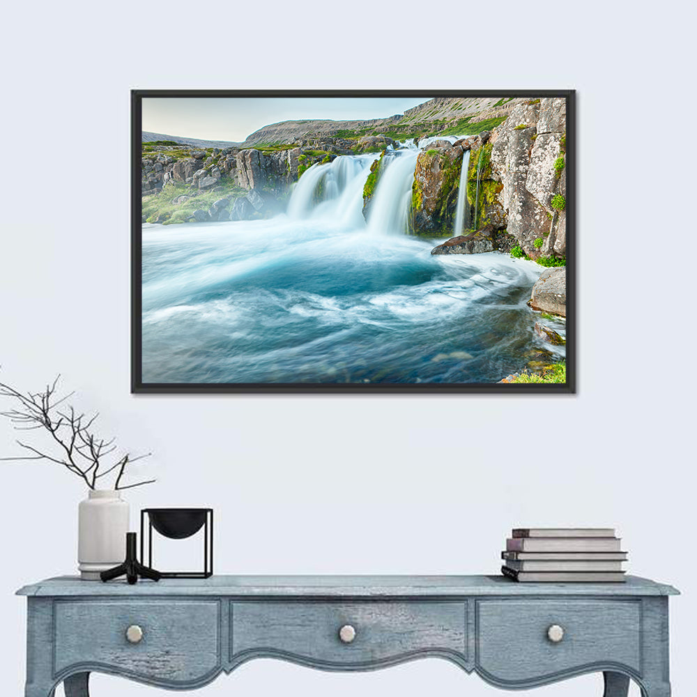 Dynjandi Waterfall Mist and Moss Wall Art in a room, landscape
