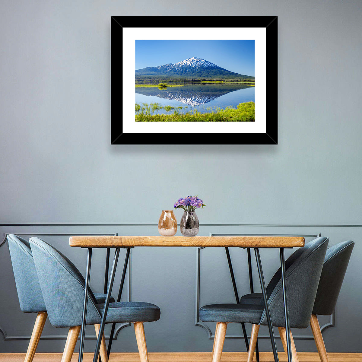 Mount Bachelor Lake Reflection Wall Art in a room, landscape