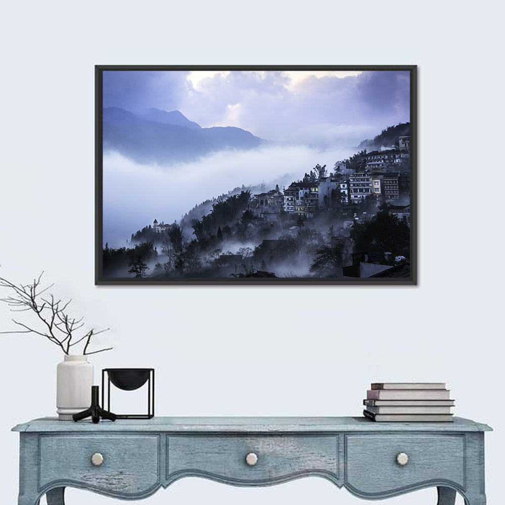 Misty Hillside Town Wall Art in a room, landscape