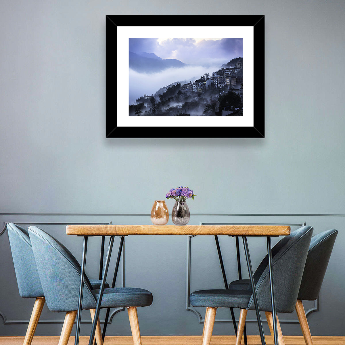 Misty Hillside Town Wall Art