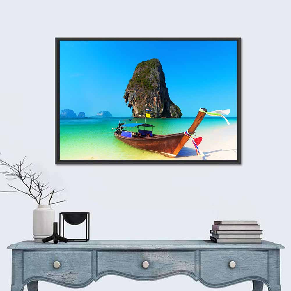 Thailand Long-tail Boat Seascape Wall Art in a room, landscape
