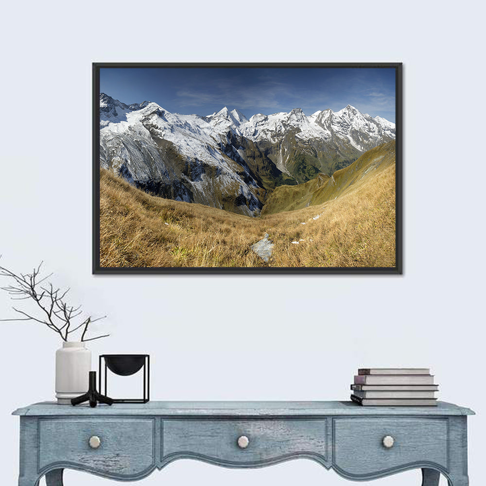 Crisp Alpine Valley with Snow-capped Peaks Wall Art in a room, landscape