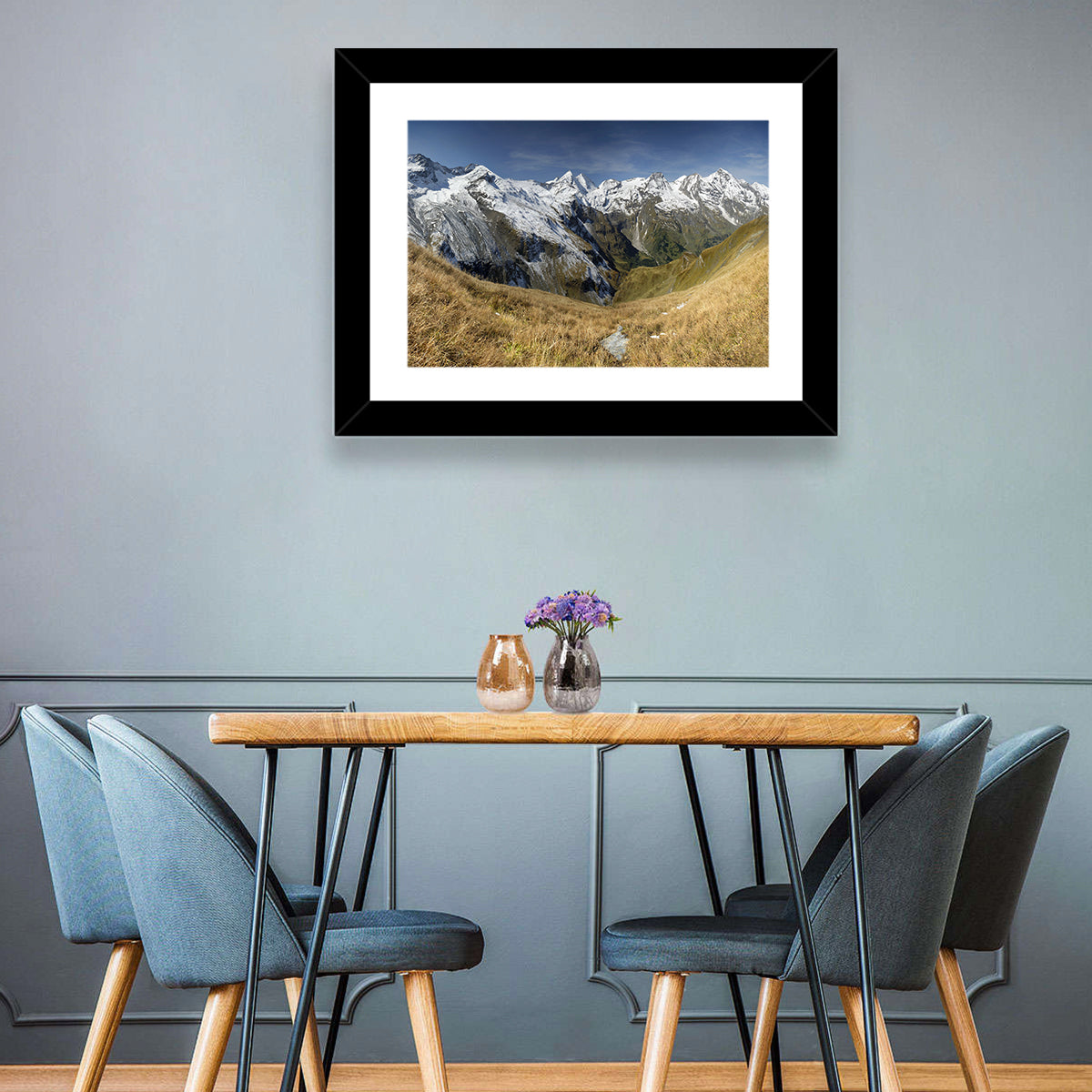 Crisp Alpine Valley with Snow-capped Peaks Wall Art in a room, landscape