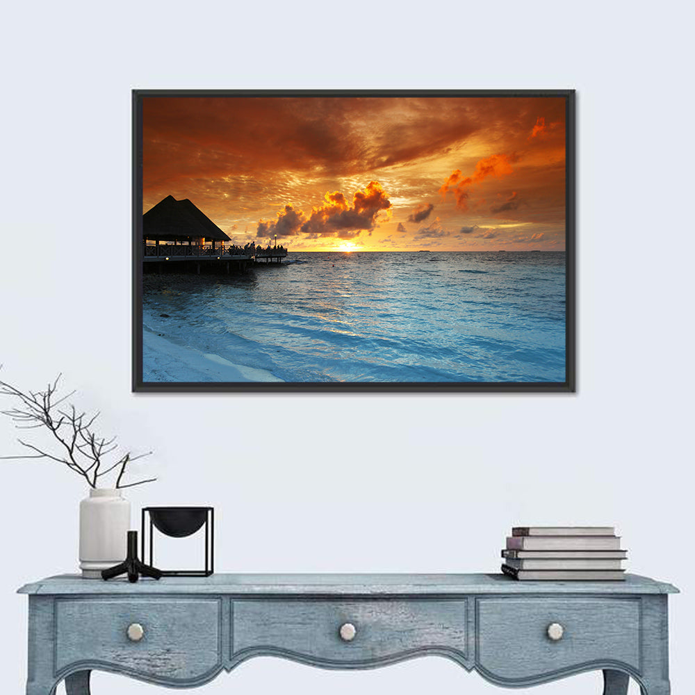 Overwater Bungalow Sunset Pier Wall Art