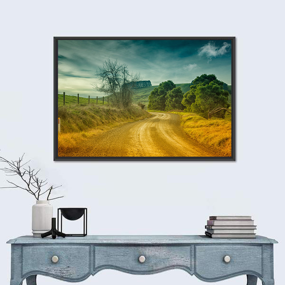 Golden Country Road Wall Art in a room, landscape