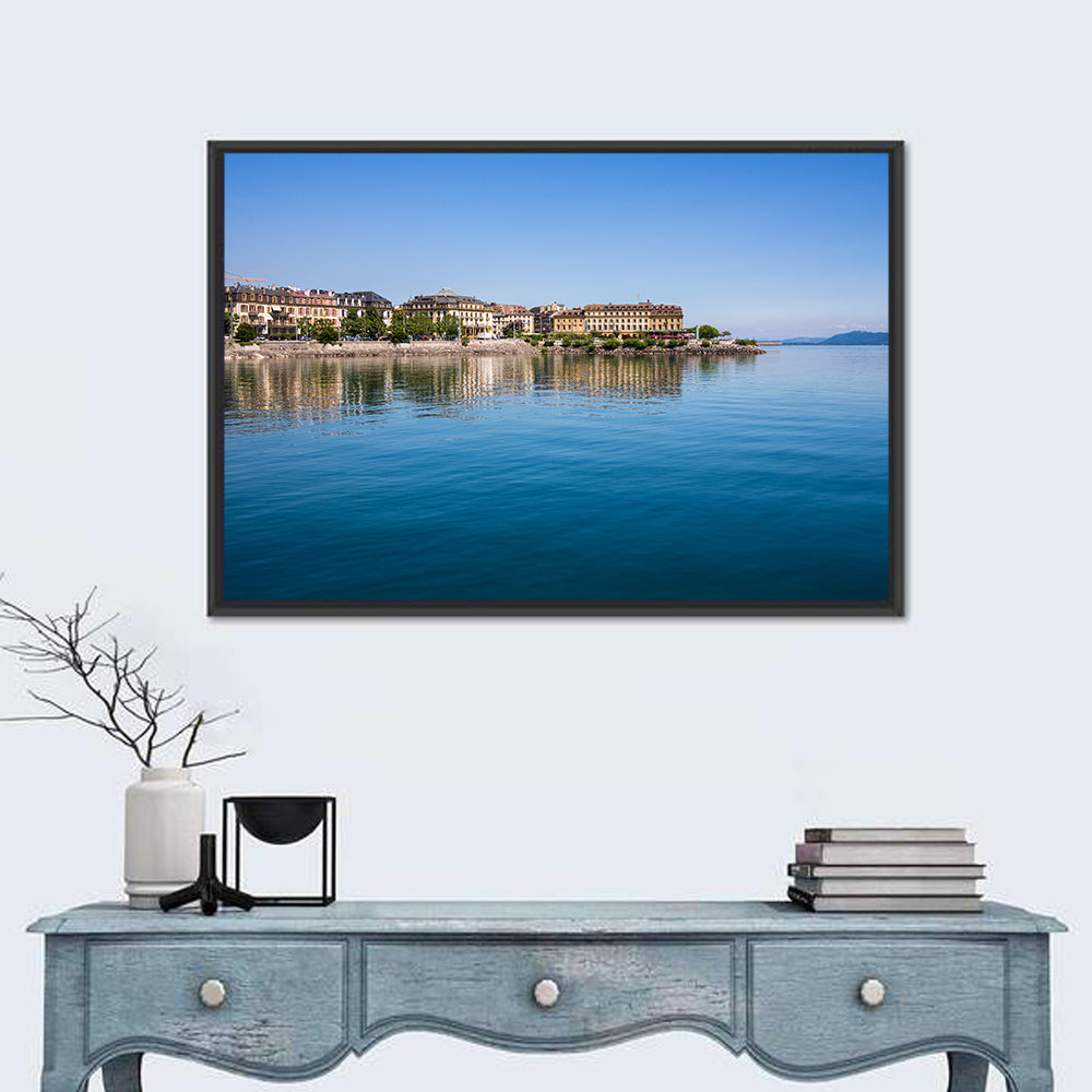 Tranquil Lake Neuchatel Wall Art in a room, landscape