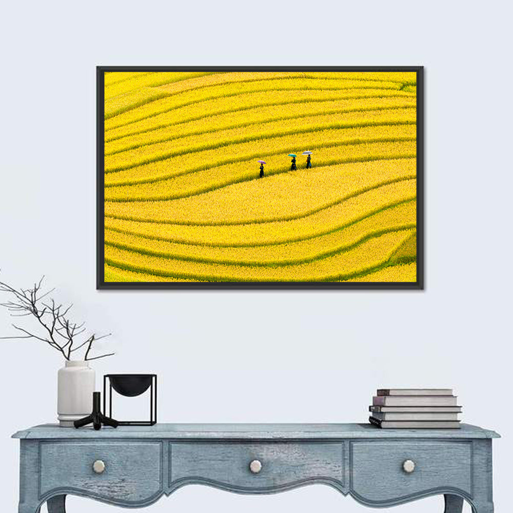 Golden Rice Terraces with Umbrellas Wall Art in a room, landscape