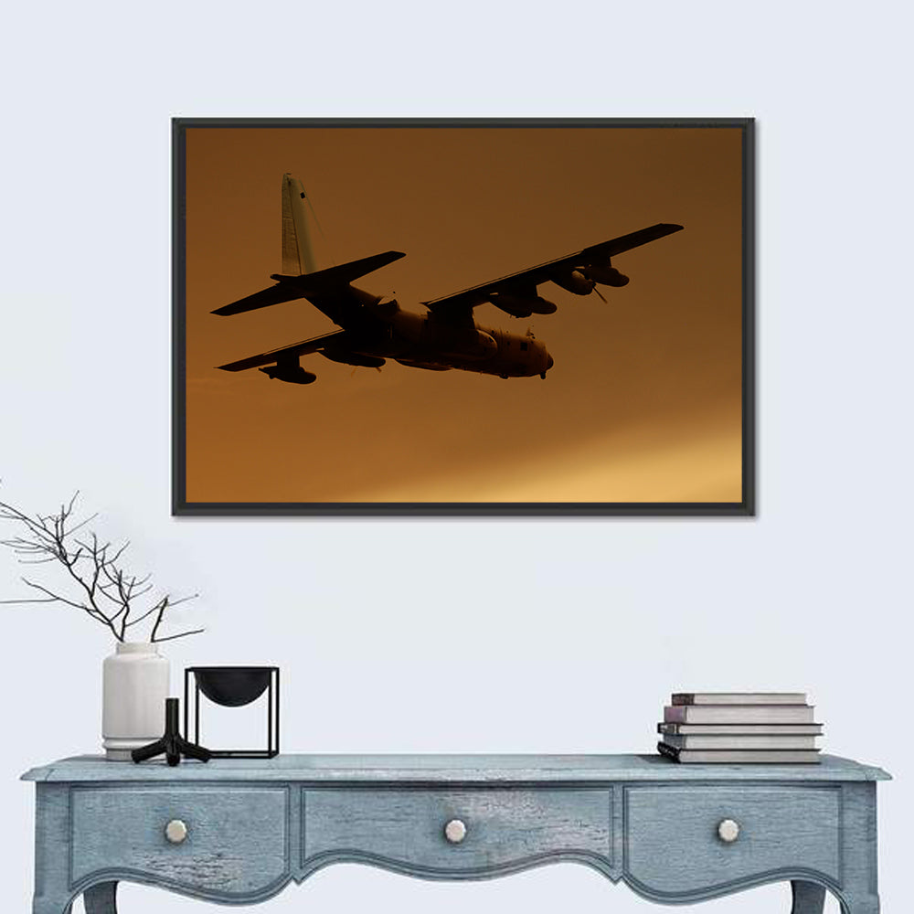 Turboprop Military Transport Silhouette Wall Art in a room, landscape