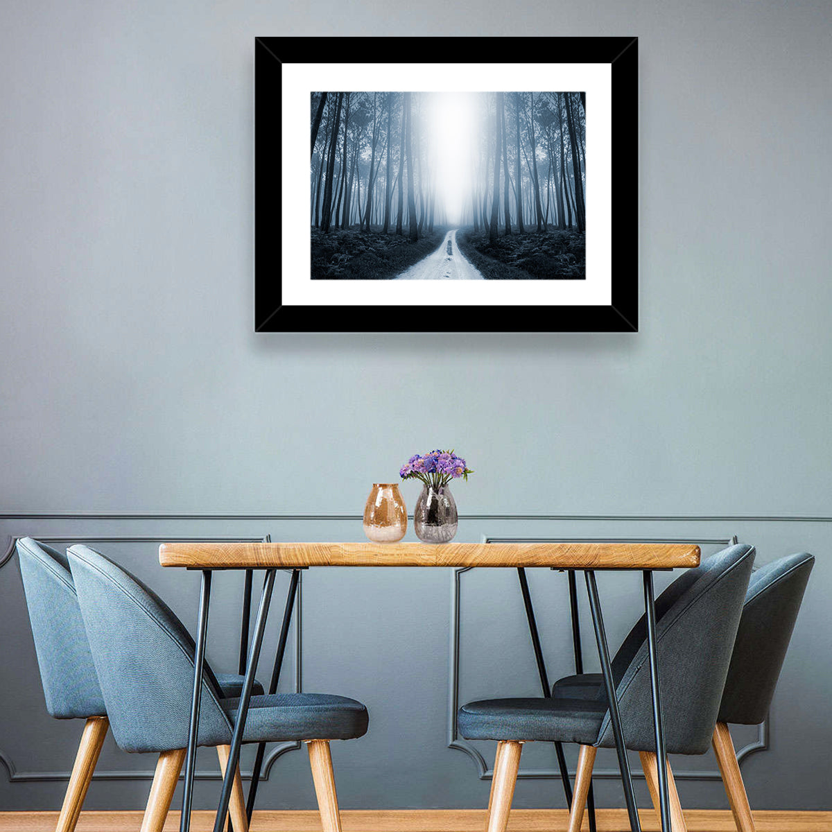 Misty Forest Road at Twilight Wall Art in a room, landscape