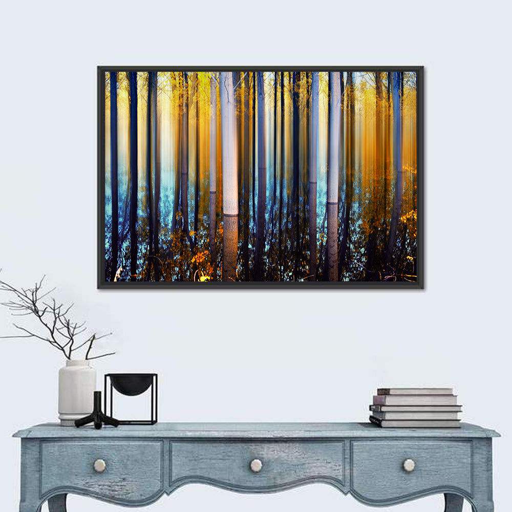 Ethereal Autumn Forest Reflection Abstract Wall Art in a room, landscape