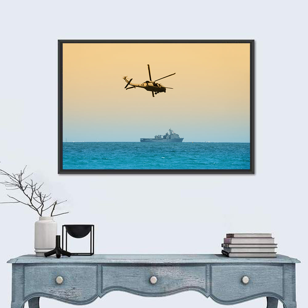 Helicopter Over Warship at Sea Wall Art in a room, landscape