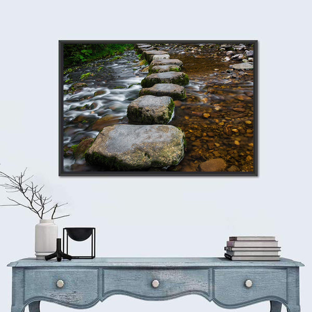 Mossy Stepping Stones Over Stream Wall Art in a room, landscape