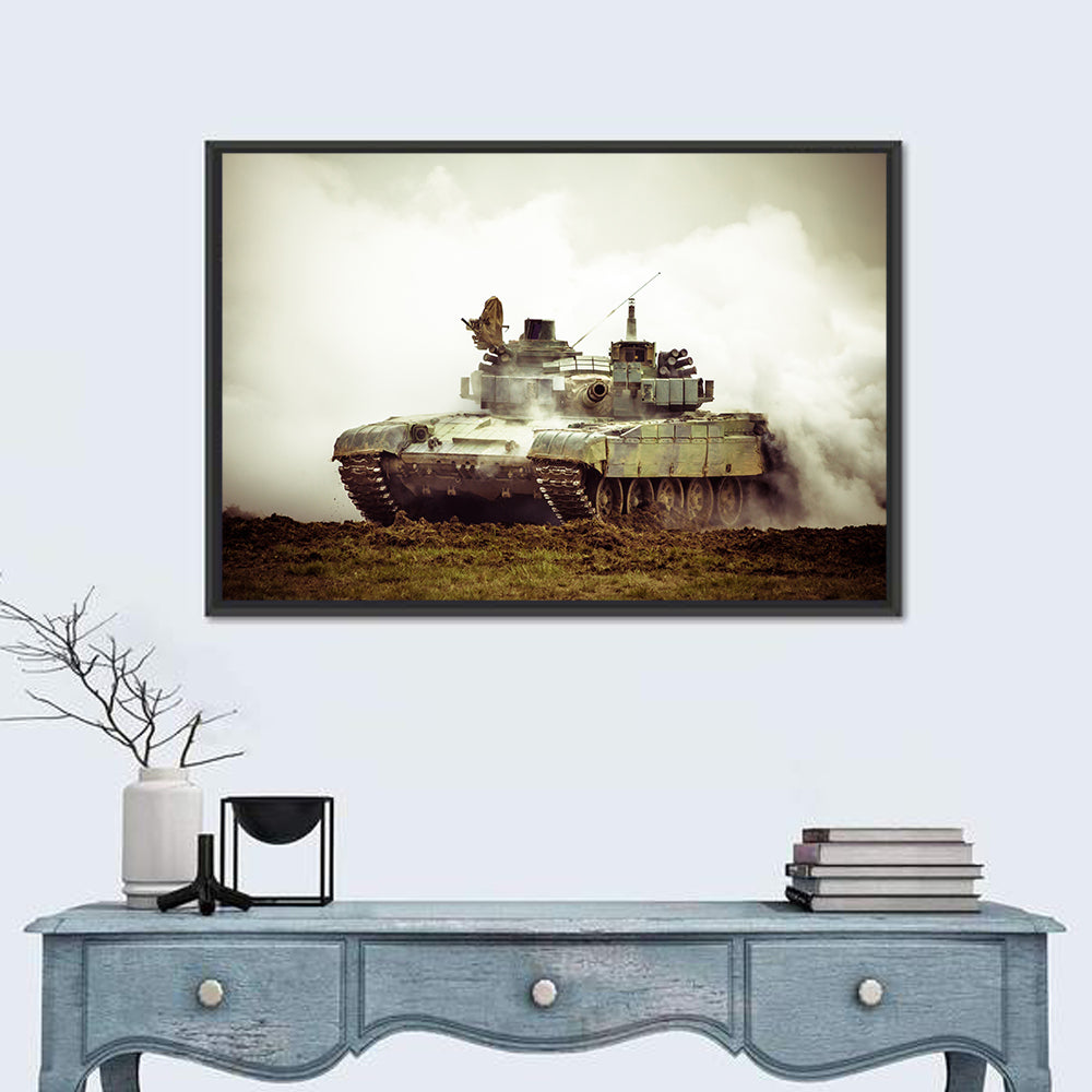 Camouflaged Battle Tank in Smoke Wall Art