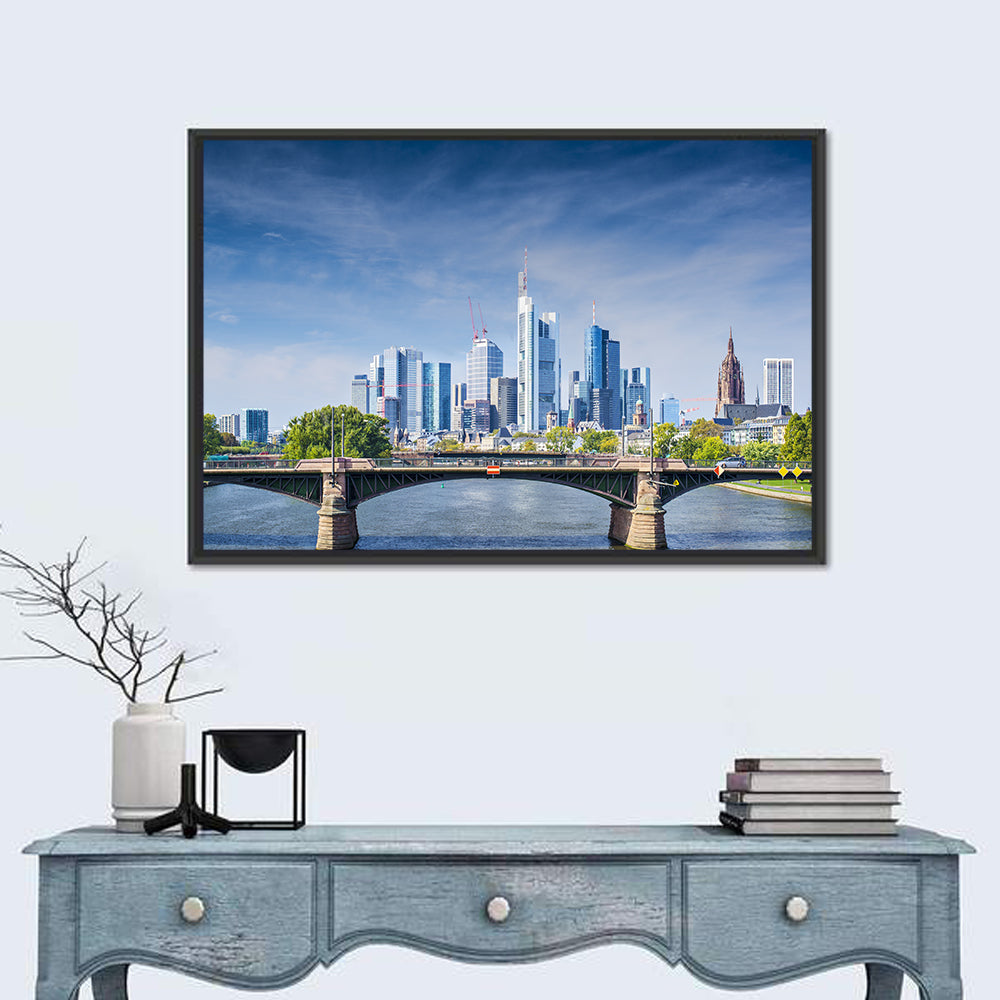 Frankfurt Skyline with Eiserner Steg Wall Art in a room, landscape