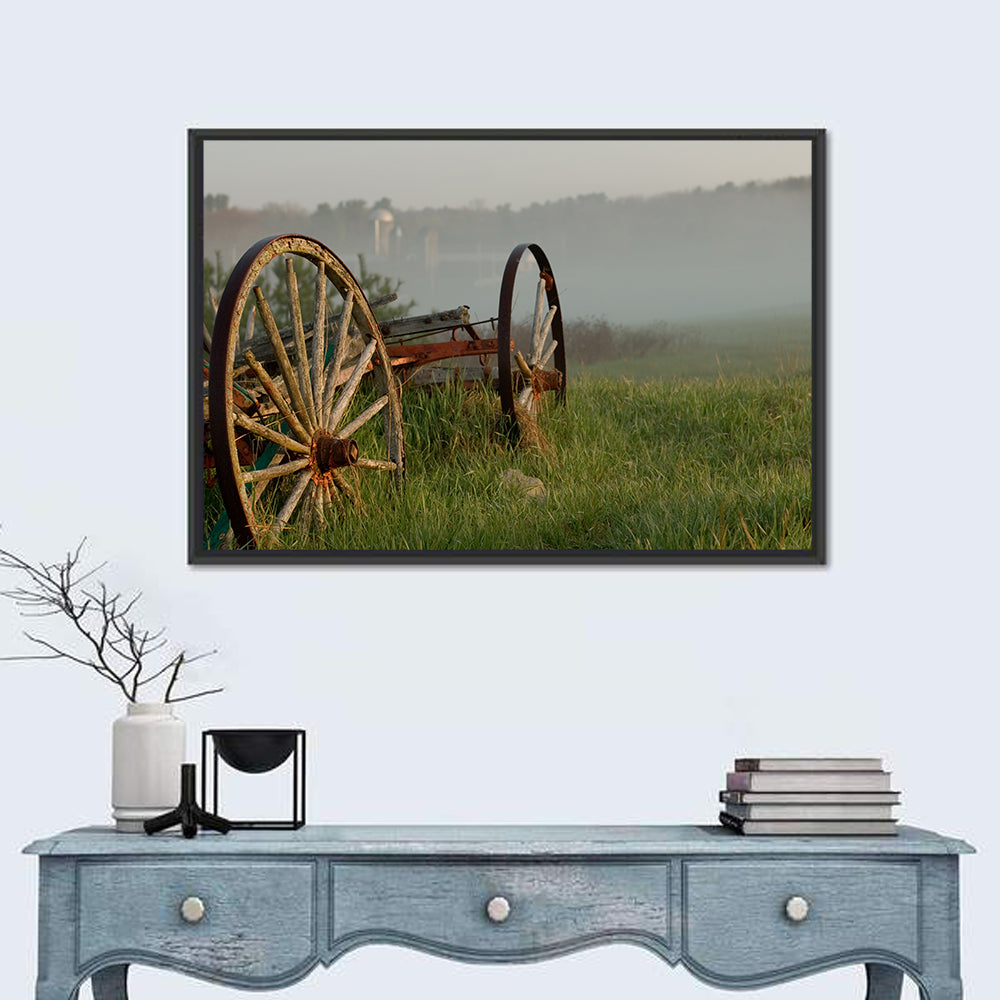 Weathered Wagon in Morning Mist Wall Art in a room, landscape