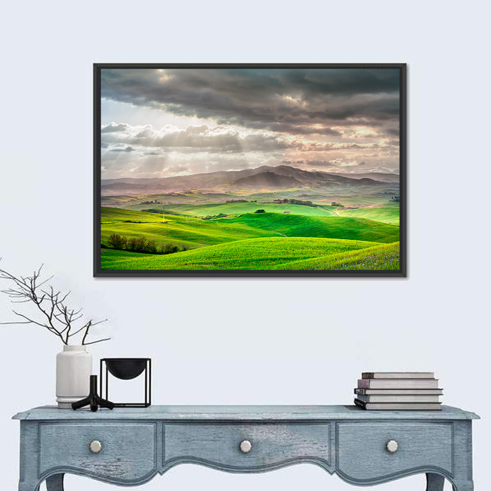 Tuscan Sunlit Hills Wall Art in a room, landscape