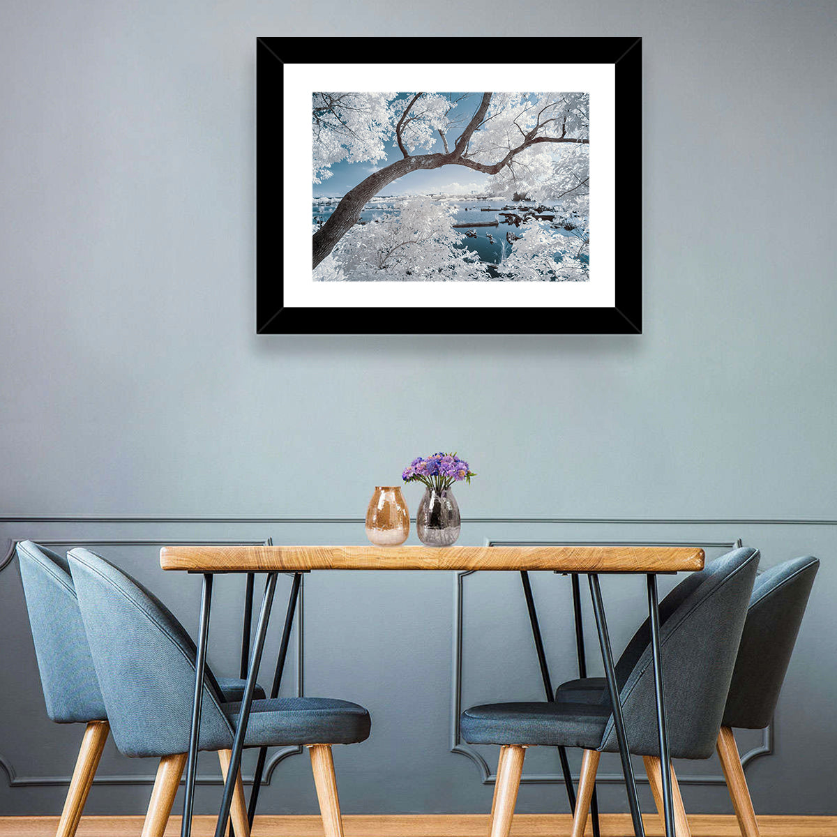 Curving Winter Tree Over Lake Wall Art