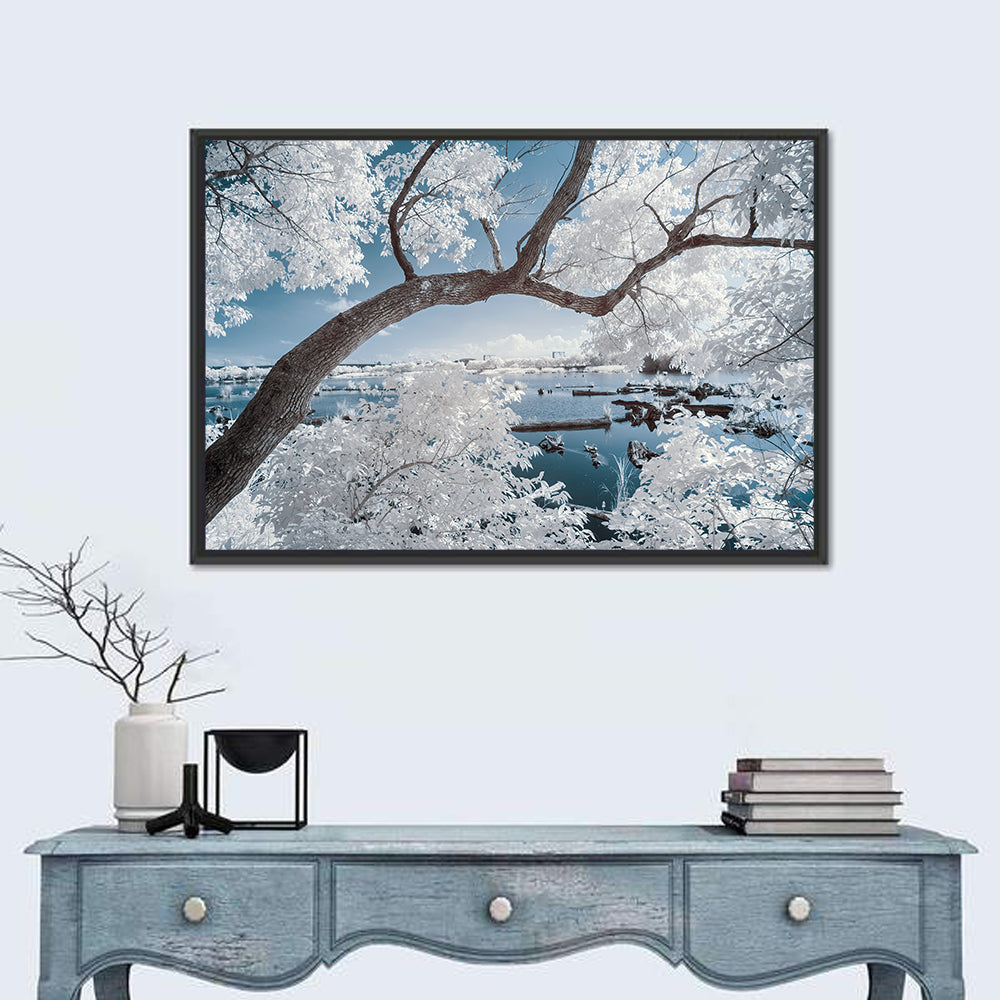 Curving Winter Tree Over Lake Wall Art