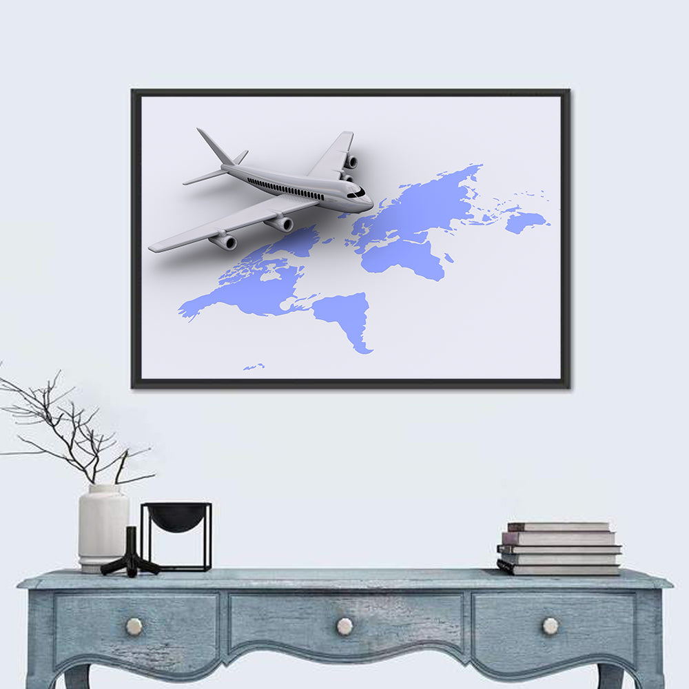 Airplane Over World Map Wall Art in a room, landscape
