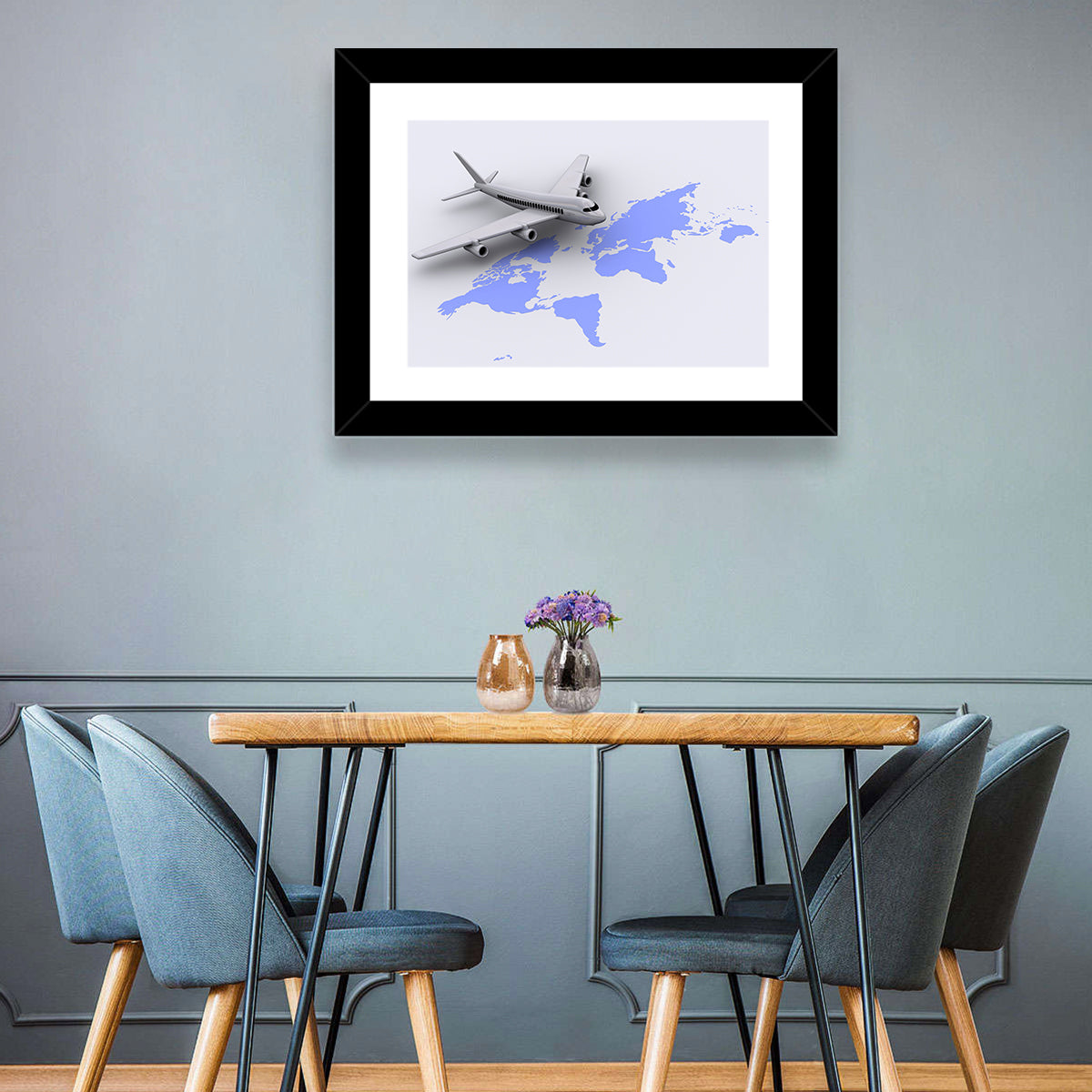 Airplane Over World Map Wall Art in a room, landscape