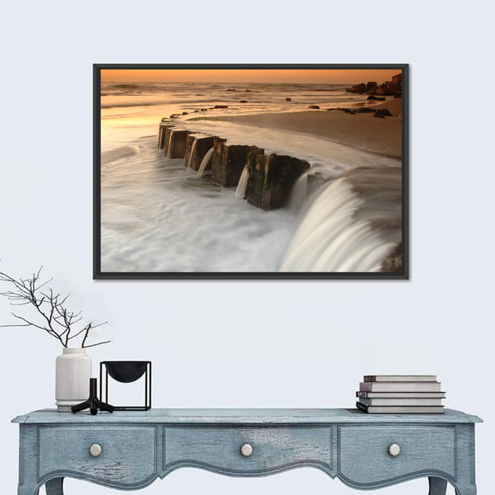 Breakwater at Golden Hour Wall Art in a room, landscape