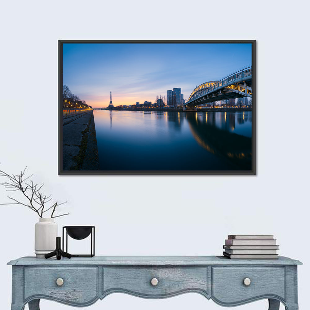 Eiffel Tower Golden Hour Reflection Wall Art in a room, landscape