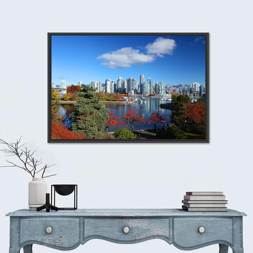 Vancouver Autumn Skyline Wall Art in a room, landscape