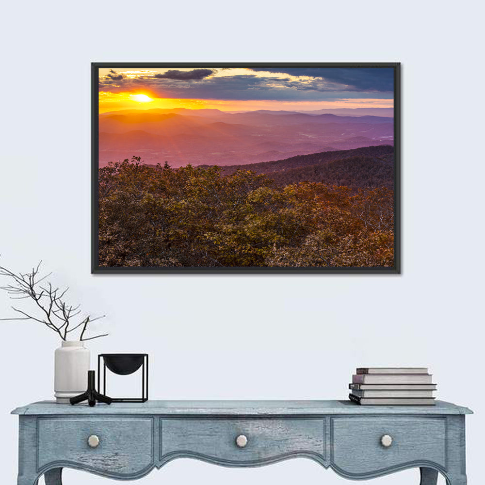 Blue Ridge Sunset Over Autumn Ridges Wall Art in a room, landscape