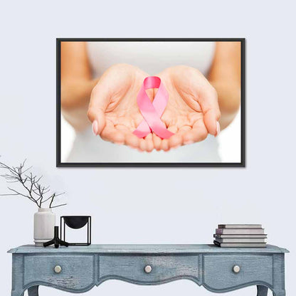 Cupped Hands Holding Pink Ribbon Wall Art