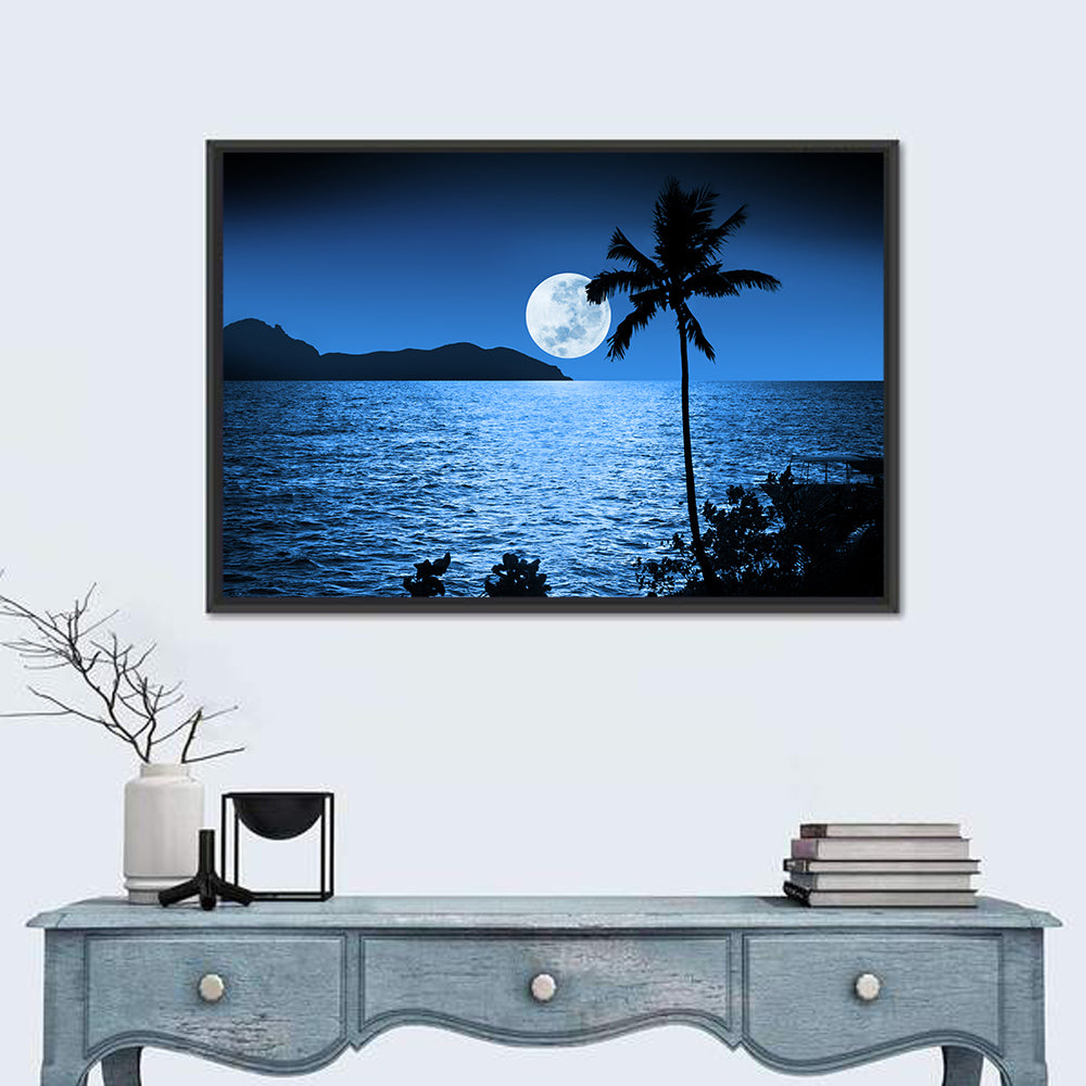 Moonlit Tropical Shore Silhouette Wall Art in a room, landscape