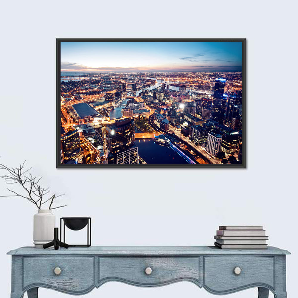 Melbourne Twilight Skyline Wall Art in a room, landscape