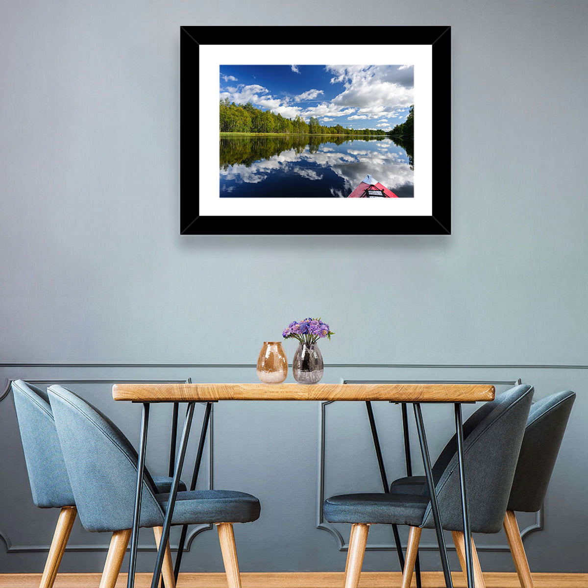 Karelia Kayak Reflection Wall Art in a room, landscape
