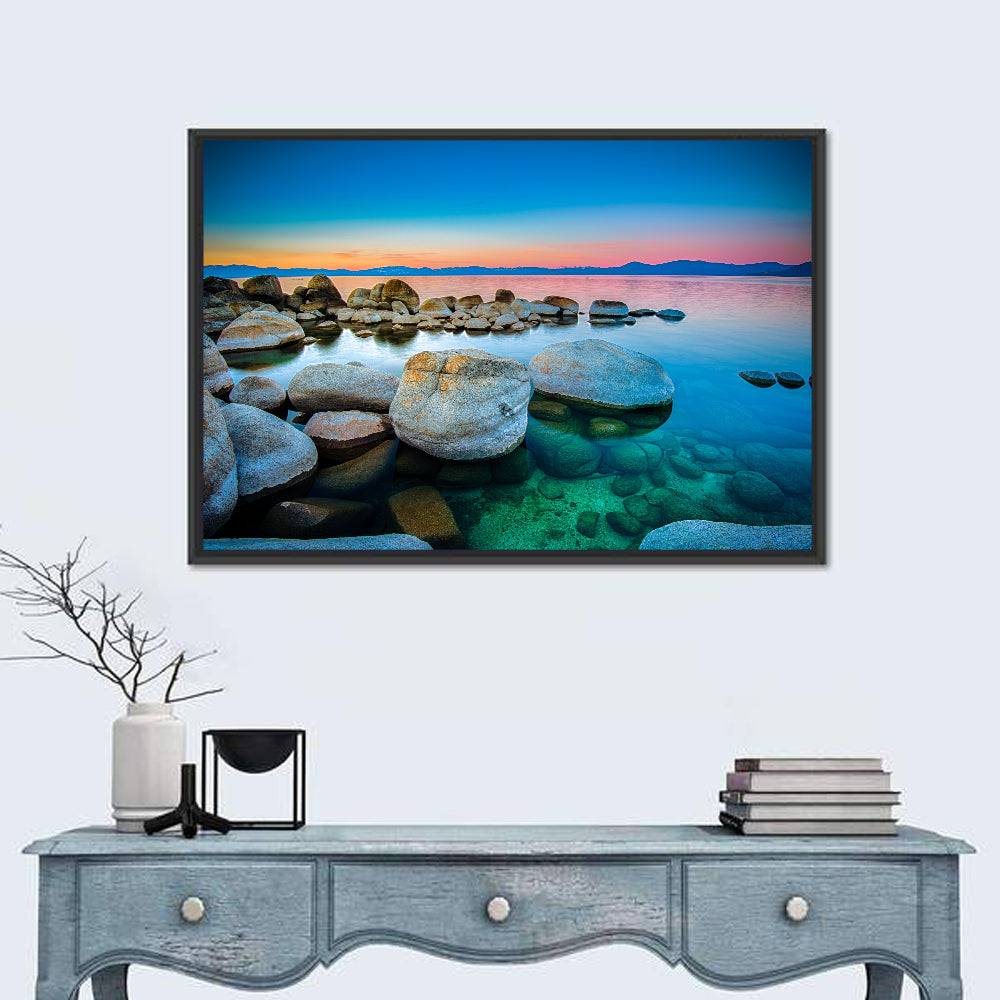 Lake Tahoe Sunset Boulders Wall Art in a room, landscape