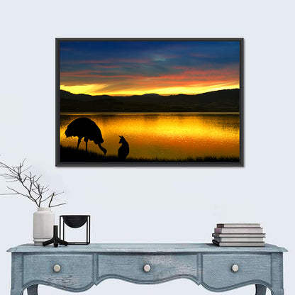 Kangaroo and Emu at Lake Sunset Wall Art