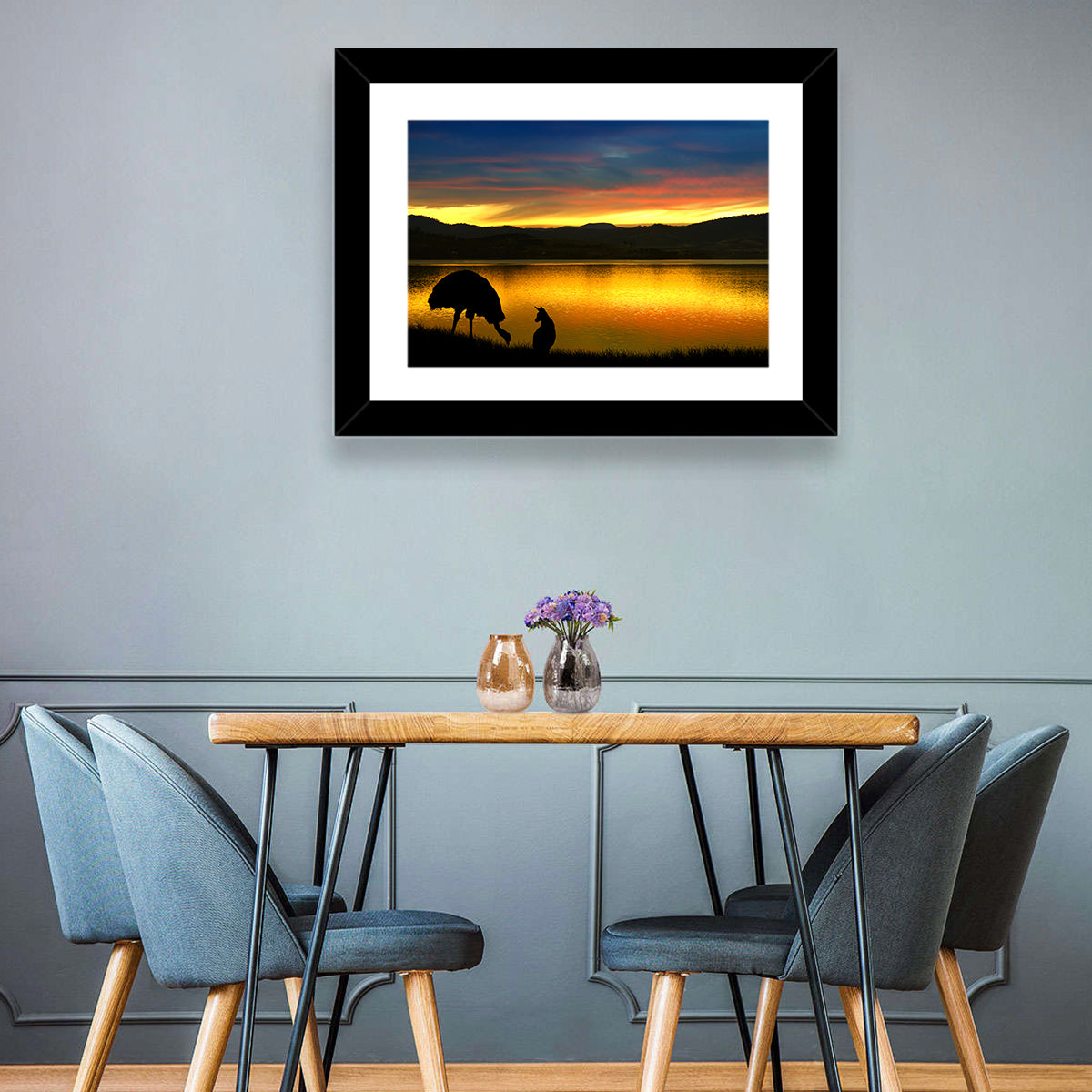 Kangaroo and Emu at Lake Sunset Wall Art